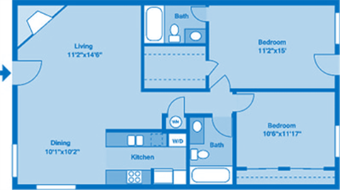 A floorplan showing two bedrooms and two bathrooms.